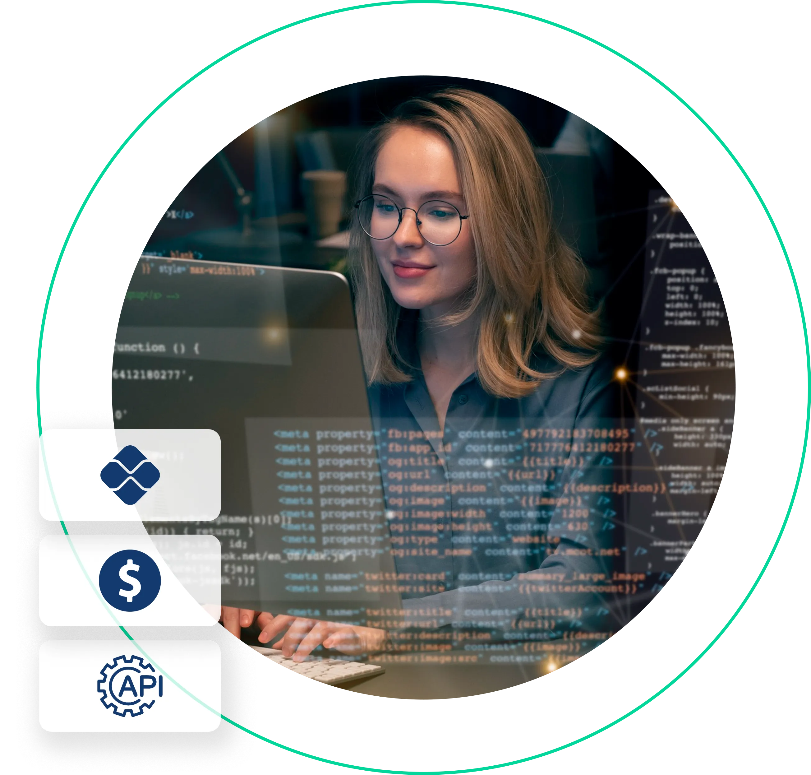 Mulher com computador e matrizes de códigos, logos de pix, dólar e api ao lado